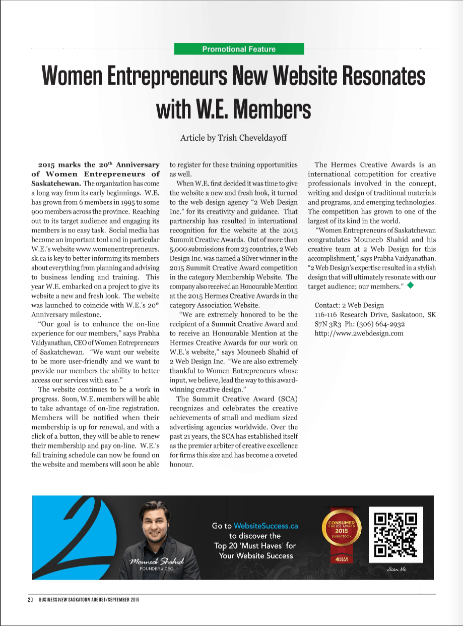 Clipping of article from Business View magazine about Women Entrepreneurs of Saskatchewan Inc.'s new website designed by 2 Web Design