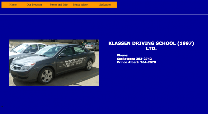 Klassen Driving School home page before site refresh